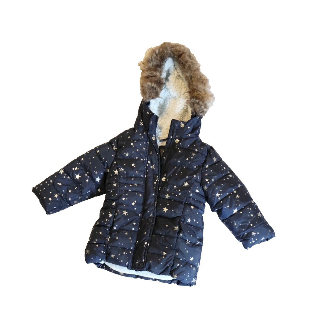 Member's Mark Girls Toddler Puffer Jacket Navy Star Silver Stars Faux Fur 2T